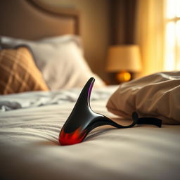 A close-up shot of a beautifully designed strap-on sex toy placed on a plush, inviting bed