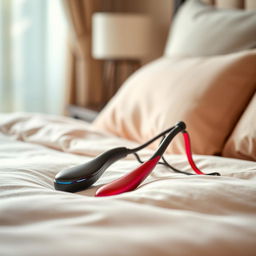 A close-up shot of a beautifully designed strap-on sex toy placed on a plush, inviting bed