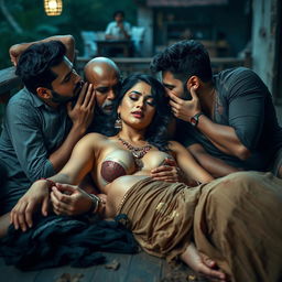 A sultry Indian woman exuding seductive allure is in a captivating scene on a terrace of an intimate setting