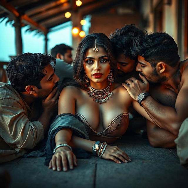 A sultry Indian woman exuding seductive allure is in a captivating scene on a terrace of an intimate setting