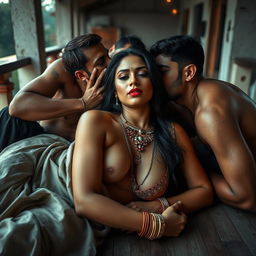 A sultry Indian woman exuding seductive allure is in a captivating scene on a terrace of an intimate setting