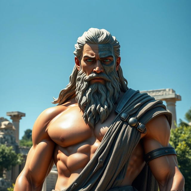 A Greek mythological figure, depicted as a strong and heroic man with a commanding presence, standing under a clear blue sky