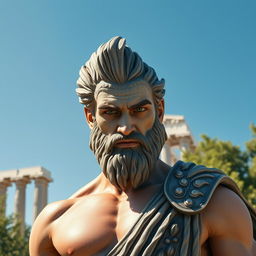 A Greek mythological figure, depicted as a strong and heroic man with a commanding presence, standing under a clear blue sky