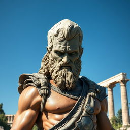 A Greek mythological figure, depicted as a strong and heroic man with a commanding presence, standing under a clear blue sky