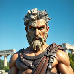 A Greek mythological figure, depicted as a strong and heroic man with a commanding presence, standing under a clear blue sky