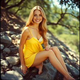 A woman with a big smile, long strawberry blonde hair, and light-blue eyes