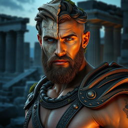 A Greek mythological figure, presented as a strikingly handsome man with a muscular build, standing against a backdrop of ancient ruins