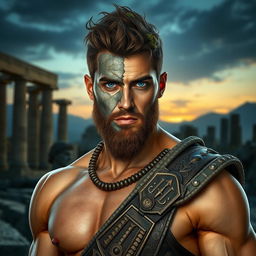 A Greek mythological figure, presented as a strikingly handsome man with a muscular build, standing against a backdrop of ancient ruins