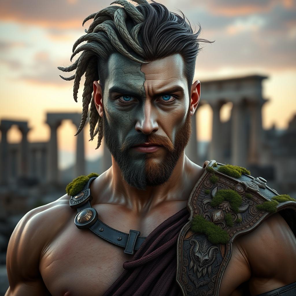 A Greek mythological figure, presented as a strikingly handsome man with a muscular build, standing against a backdrop of ancient ruins