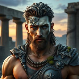 A Greek mythological figure, presented as a strikingly handsome man with a muscular build, standing against a backdrop of ancient ruins