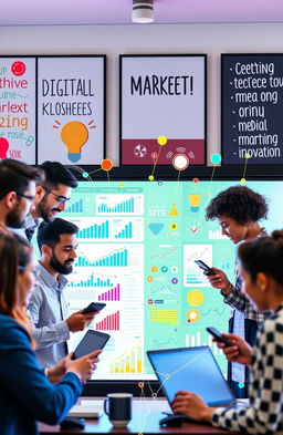 A vibrant and engaging digital marketing scene, showcasing a diverse group of professionals collaborating over a large digital screen filled with various marketing graphs, social media icons, and analytics