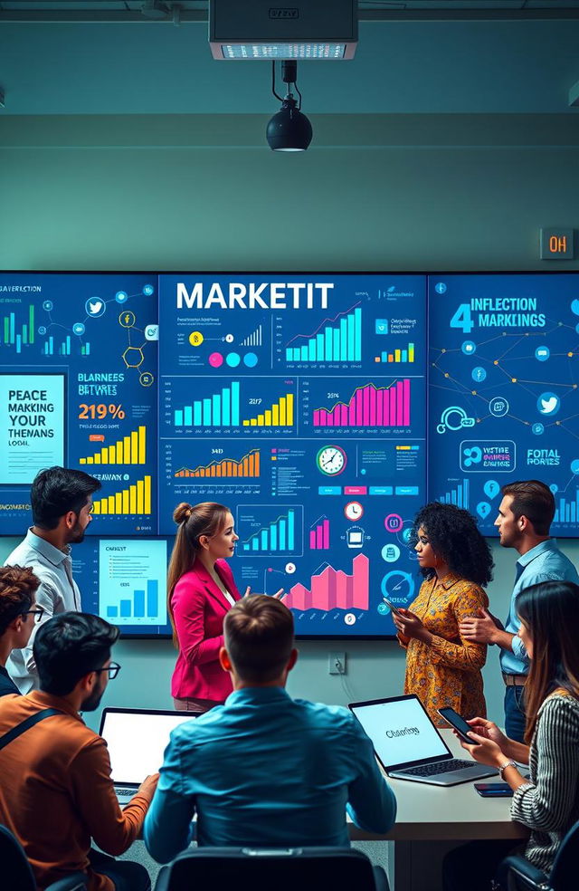 A vibrant and engaging digital marketing scene, showcasing a diverse group of professionals collaborating over a large digital screen filled with various marketing graphs, social media icons, and analytics