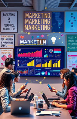 A vibrant and engaging digital marketing scene, showcasing a diverse group of professionals collaborating over a large digital screen filled with various marketing graphs, social media icons, and analytics