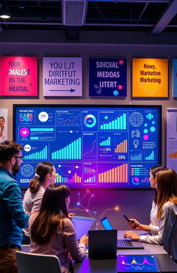 A vibrant and engaging digital marketing scene, showcasing a diverse group of professionals collaborating over a large digital screen filled with various marketing graphs, social media icons, and analytics