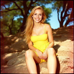 A woman with a big smile, long strawberry blonde hair, and light-blue eyes