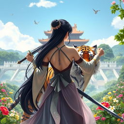 A fantastical princess with striking black hair, viewed from behind, positioned at the center of the image