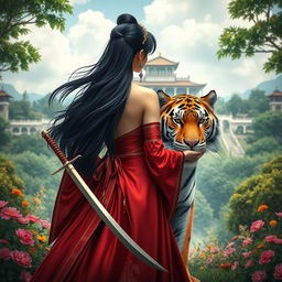 A fantastical princess with striking black hair, viewed from behind, positioned at the center of the image
