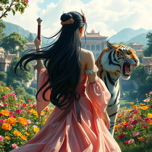 A fantastical princess with striking black hair, viewed from behind, positioned at the center of the image