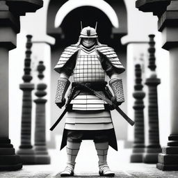 Generate an image of a royal samurai, garbed in immaculate white armor accentuated with black details