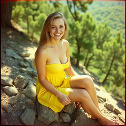 A woman with a big smile, long strawberry blonde hair, and light-blue eyes, captured in a full-body shot