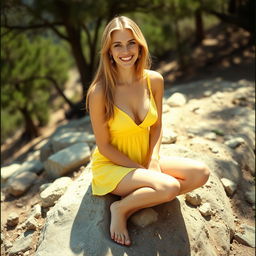 A woman with a big smile, long strawberry blonde hair, and light-blue eyes, captured in a full-body shot