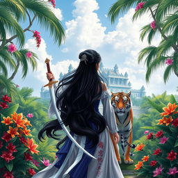 A fantastical princess with flowing black hair, viewed from behind, centered in the image
