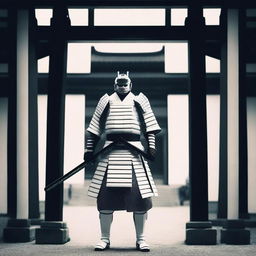 Generate an image of a royal samurai, garbed in immaculate white armor accentuated with black details