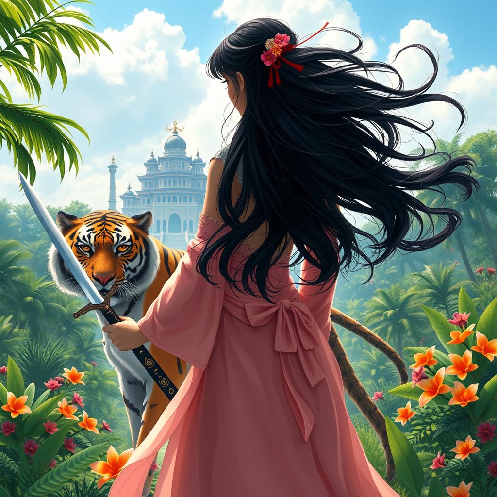 A fantastical princess with flowing black hair, viewed from behind, centered in the image