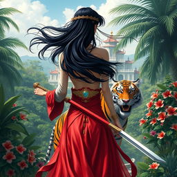 A fantastical princess with flowing black hair, viewed from behind, centered in the image