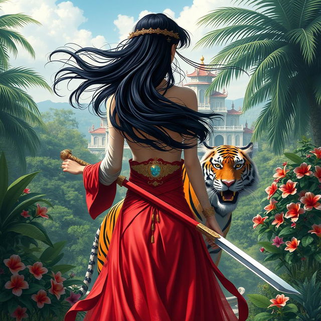 A fantastical princess with flowing black hair, viewed from behind, centered in the image