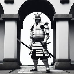 Generate an image of a royal samurai, garbed in immaculate white armor accentuated with black details