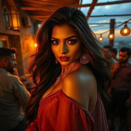A sultry Indian woman resembling a glamorous film star, with long flowing hair and captivating eyes, embodying allure and seduction