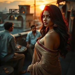 A sultry Indian woman resembling a glamorous film star, with long flowing hair and captivating eyes, embodying allure and seduction