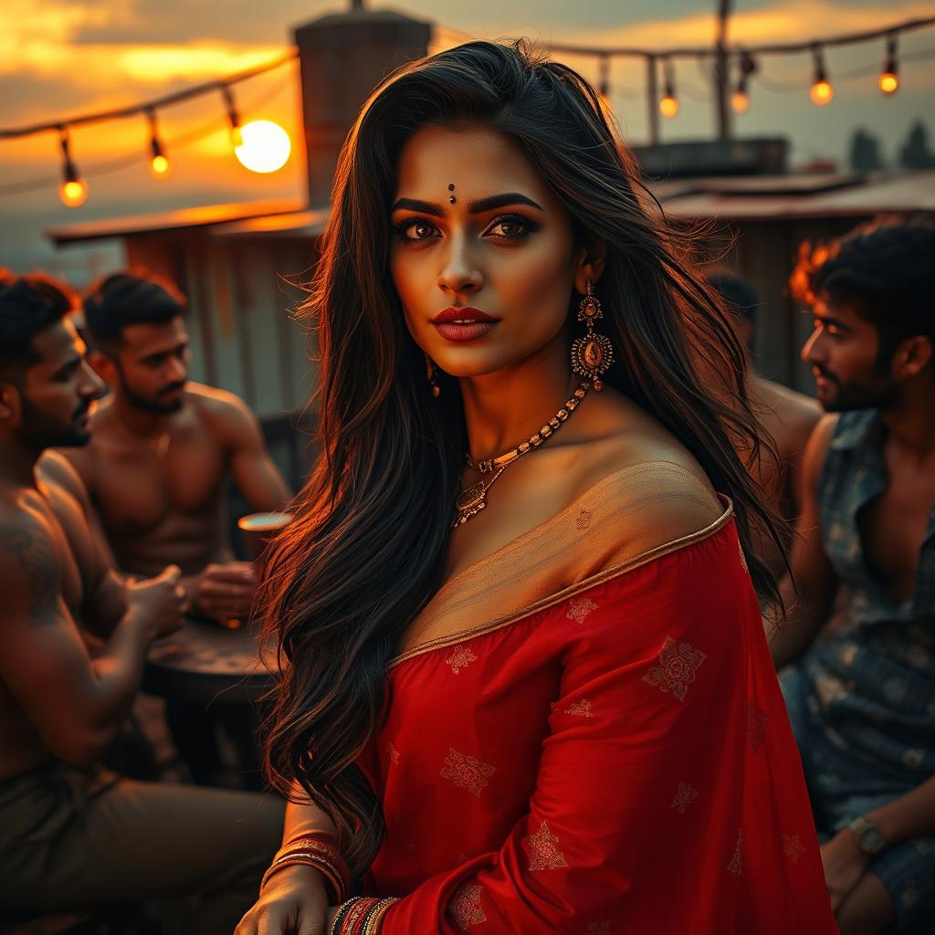 A sultry Indian woman resembling a glamorous film star, with long flowing hair and captivating eyes, embodying allure and seduction