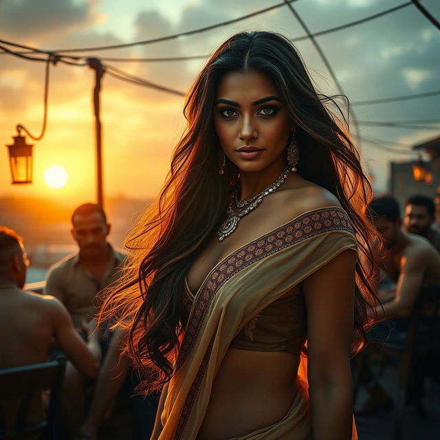 A sultry Indian woman resembling a glamorous film star, with long flowing hair and captivating eyes, embodying allure and seduction