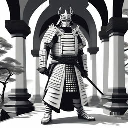 Generate an image of a royal samurai, garbed in immaculate white armor accentuated with black details