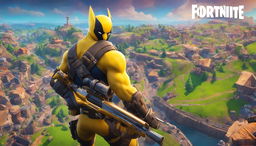 A 32k HD Fortnite YouTube thumbnail featuring Wolverine in tactical gear with a detailed shotgun on a high vantage point overlooking the vibrant game landscape