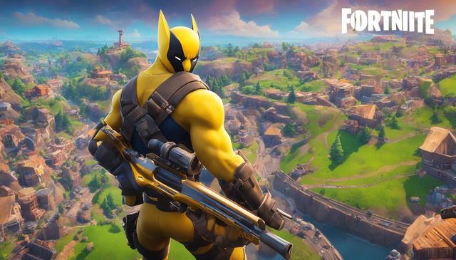 A 32k HD Fortnite YouTube thumbnail featuring Wolverine in tactical gear with a detailed shotgun on a high vantage point overlooking the vibrant game landscape