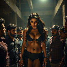 Rashmika Mandana portrayed as a sultry and confident woman in a dramatic, artistic scene