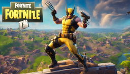 A 32k HD Fortnite YouTube thumbnail featuring Wolverine in tactical gear with a detailed shotgun on a high vantage point overlooking the vibrant game landscape