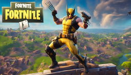 A 32k HD Fortnite YouTube thumbnail featuring Wolverine in tactical gear with a detailed shotgun on a high vantage point overlooking the vibrant game landscape