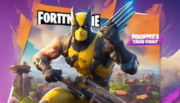 A 32k HD Fortnite YouTube thumbnail featuring Wolverine in tactical gear with a detailed shotgun on a high vantage point overlooking the vibrant game landscape