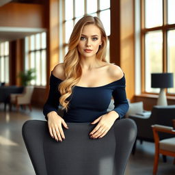 An analogue style photograph of an average woman with strawberry blonde hair, standing indoors and leaning slightly forward with both hands resting on the back of a stylish chair