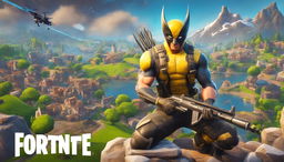 A 32k HD Fortnite YouTube thumbnail featuring Wolverine in tactical gear with a detailed shotgun on a high vantage point overlooking the vibrant game landscape