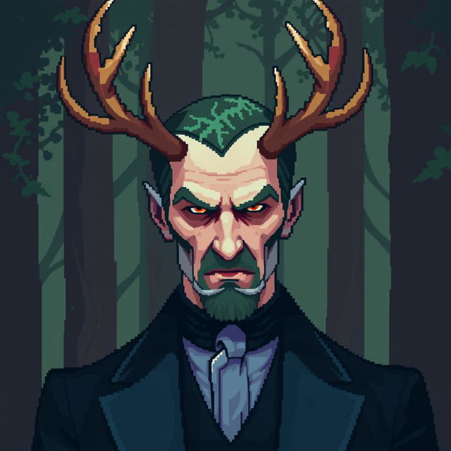 A pixel art style illustration featuring a character inspired by Hannibal Lecter, with distinctive deer antlers