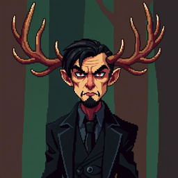 A pixel art style illustration featuring a character inspired by Hannibal Lecter, with distinctive deer antlers