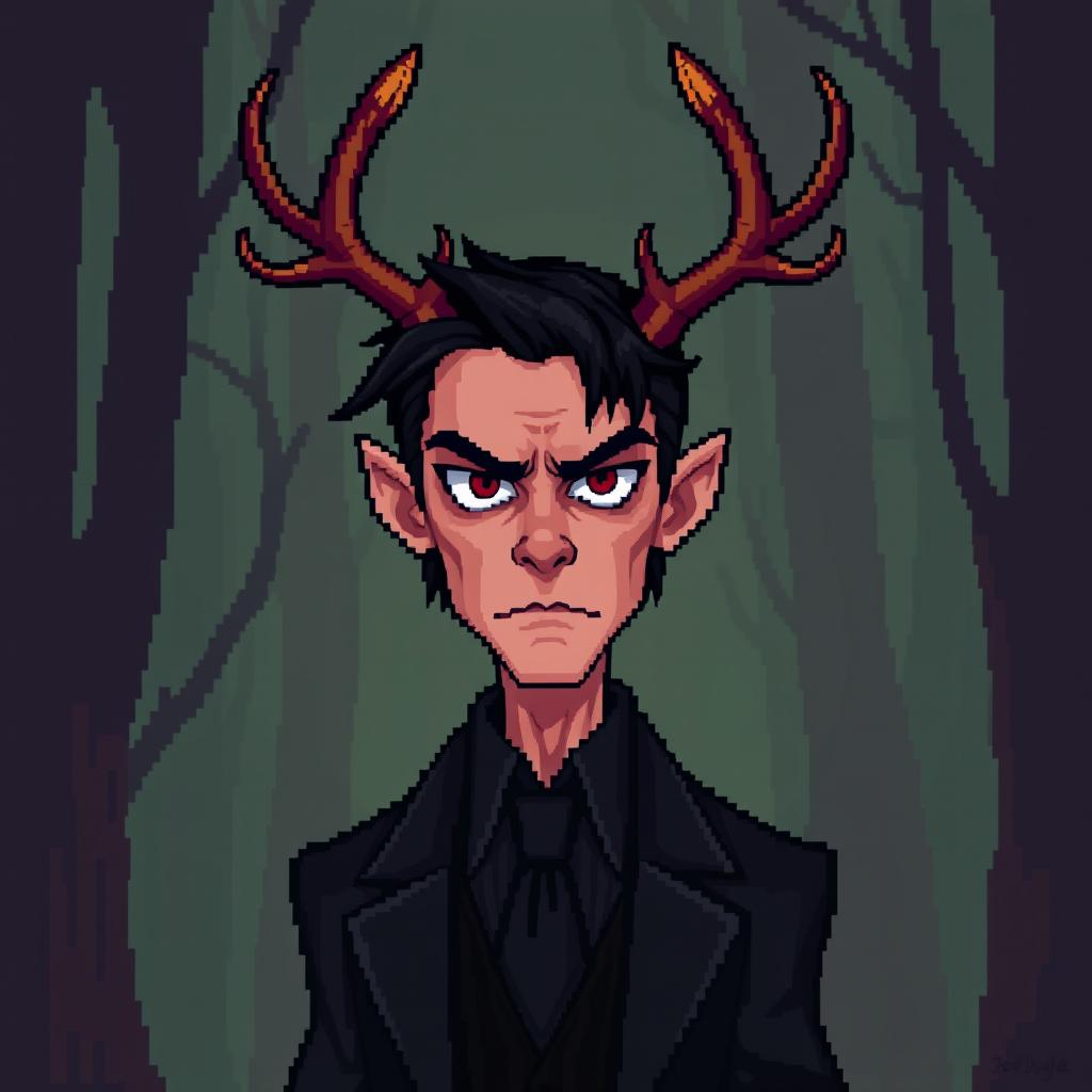 A pixel art style illustration featuring a character inspired by Hannibal Lecter, with distinctive deer antlers