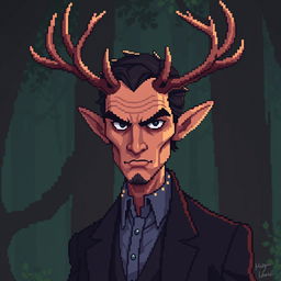 A pixel art style illustration featuring a character inspired by Hannibal Lecter, with distinctive deer antlers
