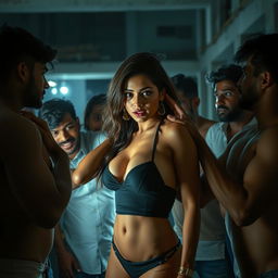 Rashmika Mandana depicted as a sultry and confident woman in an artistic scene set in a dimly lit under-construction building at night