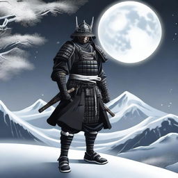 Generate an image of a royal samurai, adorned in elegant black armor ornamented with white accents